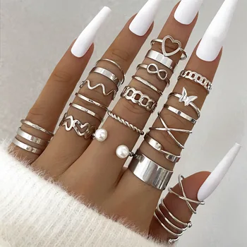 DIEZI Богемный Винтажный набор колец с жемчугом в форме сердца и бабочки для женщин, Металлическое геометрическое выдалбливаемое кольцо, набор модных ювелирных изделий 2023 года.