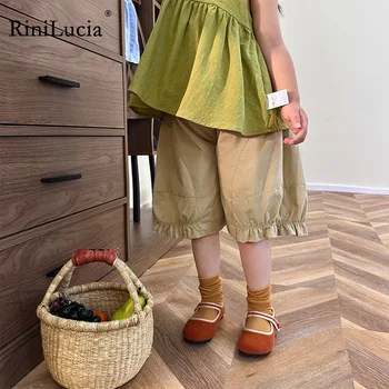 RiniLucia / Новые летние детские шорты, модные шорты с рюшами, хлопковые повседневные брюки до икр для девочек, детские свободные широкие короткие брюки