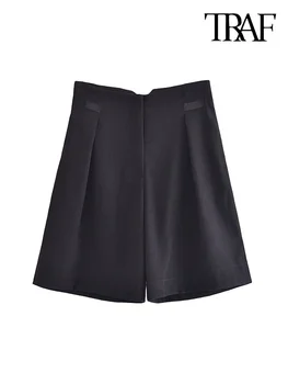 TRAF Женские модные шорты-бермуды с завязками спереди, винтажные женские короткие брюки на молнии с высокой талией, Mujer