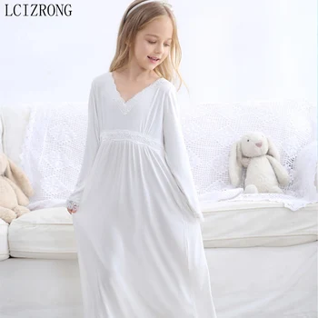 Весеннее детское пижамное платье с длинным рукавом, милое кружевное платье миди с V-образным вырезом, пижамы, детская домашняя одежда, белое платье для девочек
