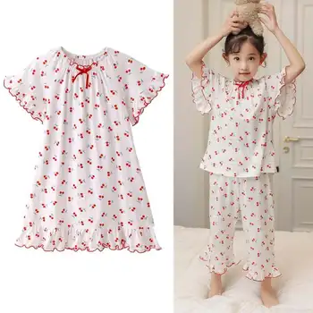 Весенний мягкий пижамный комплект для девочек, детский комплект для купания из тонкого хлопка, удобное вишневое платье, пижама, комплект одежды для сна