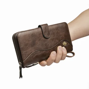Винтажная мужская длинная сумка для мобильного телефона из деловой кожи Многофункциональный кошелек на молнии большой емкости с ремнем для рук