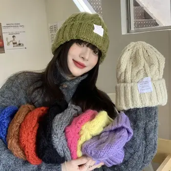 Женская зимняя теплая шерстяная шапка с утолщенными ушами, универсальная шапка для лица, маленький пуловер из толстой нити, вязаная шапка