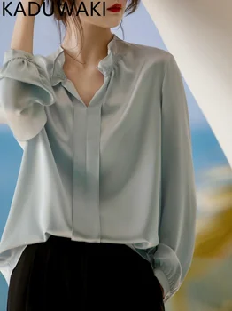 Корейская белая рубашка, женская с длинным рукавом, версия Advanced Sense, устойчивая к морщинам, Повседневная шифоновая блузка с V-образным вырезом внутри.