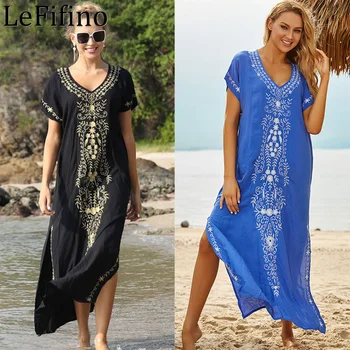Летний халат с V-образным вырезом из искусственного хлопка с вышивкой, длинная юбка для отдыха на море, солнцезащитное платье для пляжного отдыха, бикини, прикрытие для женщин