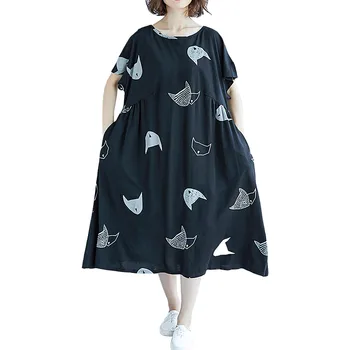 Платья для женщин 2023 Повседневные Плюс Размер Свободного кроя средней длины с короткими рукавами, удобное Модное платье с принтом