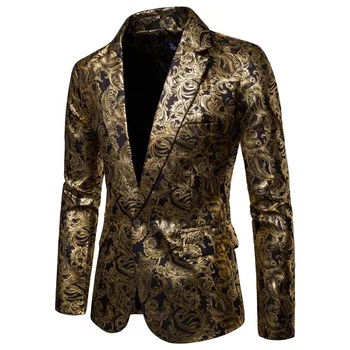 Повседневный блейзер, пиджак, костюм для вечеринки, модные роскошные мужские золотые блейзеры с цветочным рисунком, деловой повседневный костюм