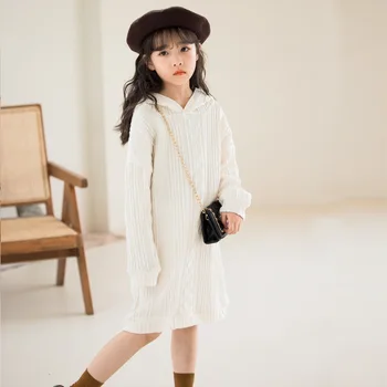 Юбка-свитер для девочек 2023, Осеннее модное женское платье принцессы с капюшоном, Корейское издание, однотонное Детское трикотажное платье